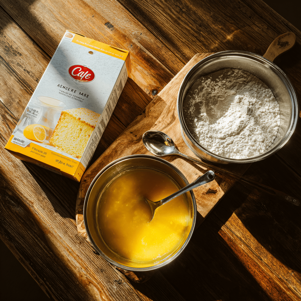  Ingredients for Two Ingredient Lemon Bars on a rustic kitchen counter