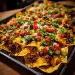 Ultimate Loaded Nachos fresh from oven with melted cheese and toppings