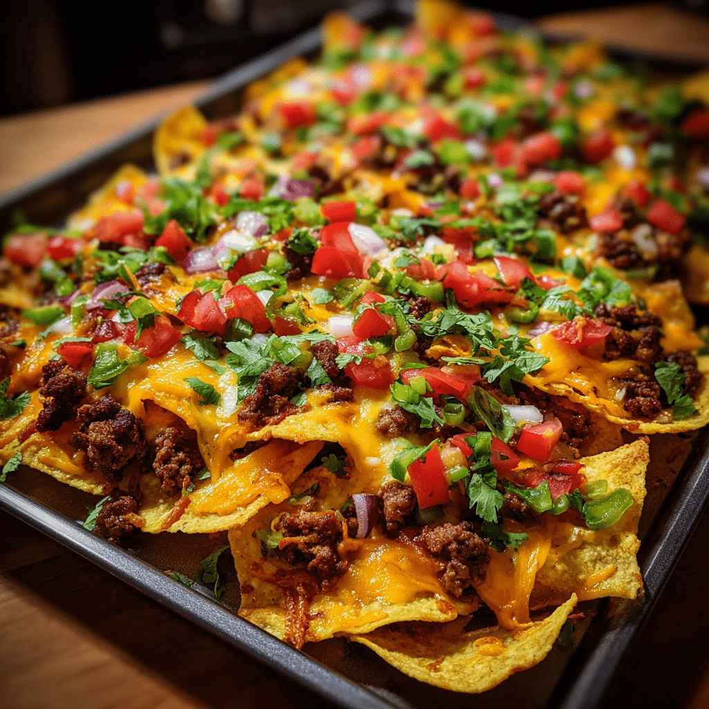 Ultimate Loaded Nachos fresh from oven with melted cheese and toppings