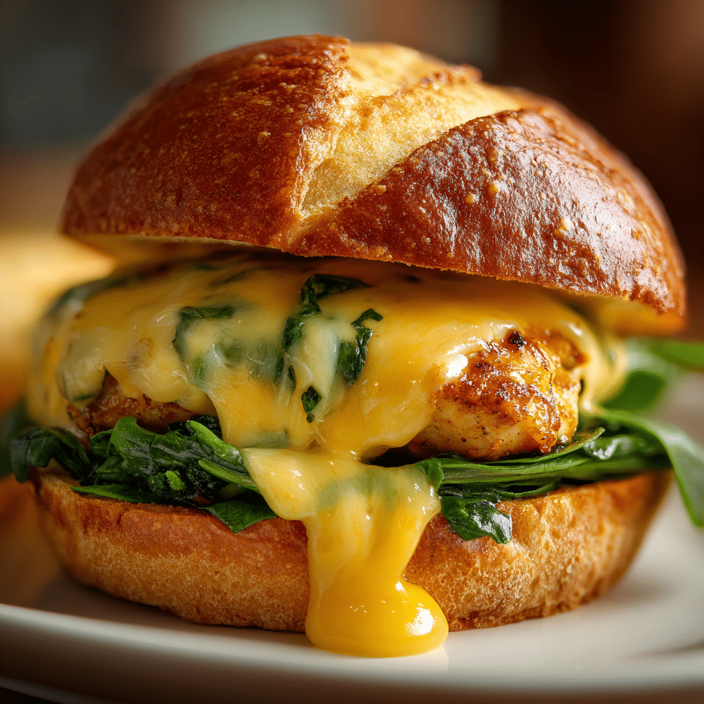 White Cheddar and Spinach Chicken Burger with melted cheese and spinach