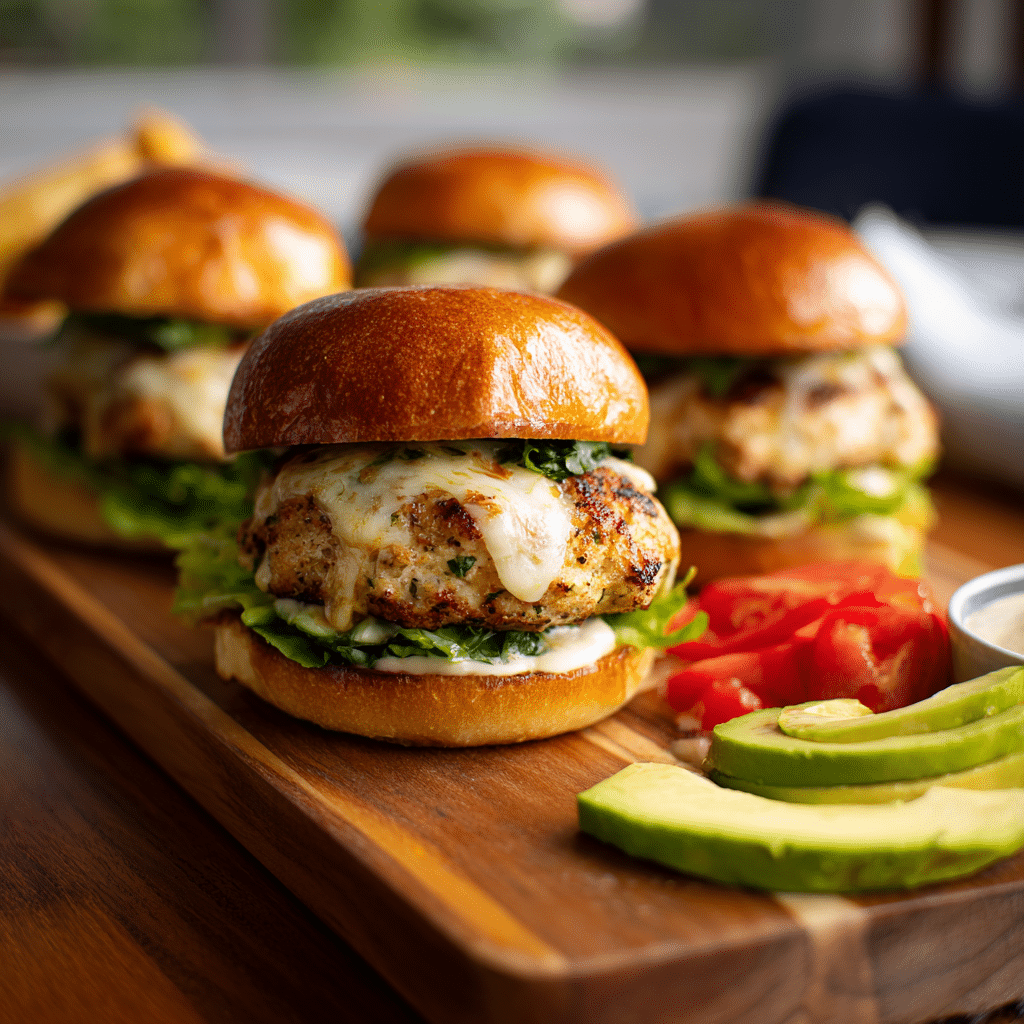 White Cheddar and Spinach Chicken Burgers served with toppings and sides