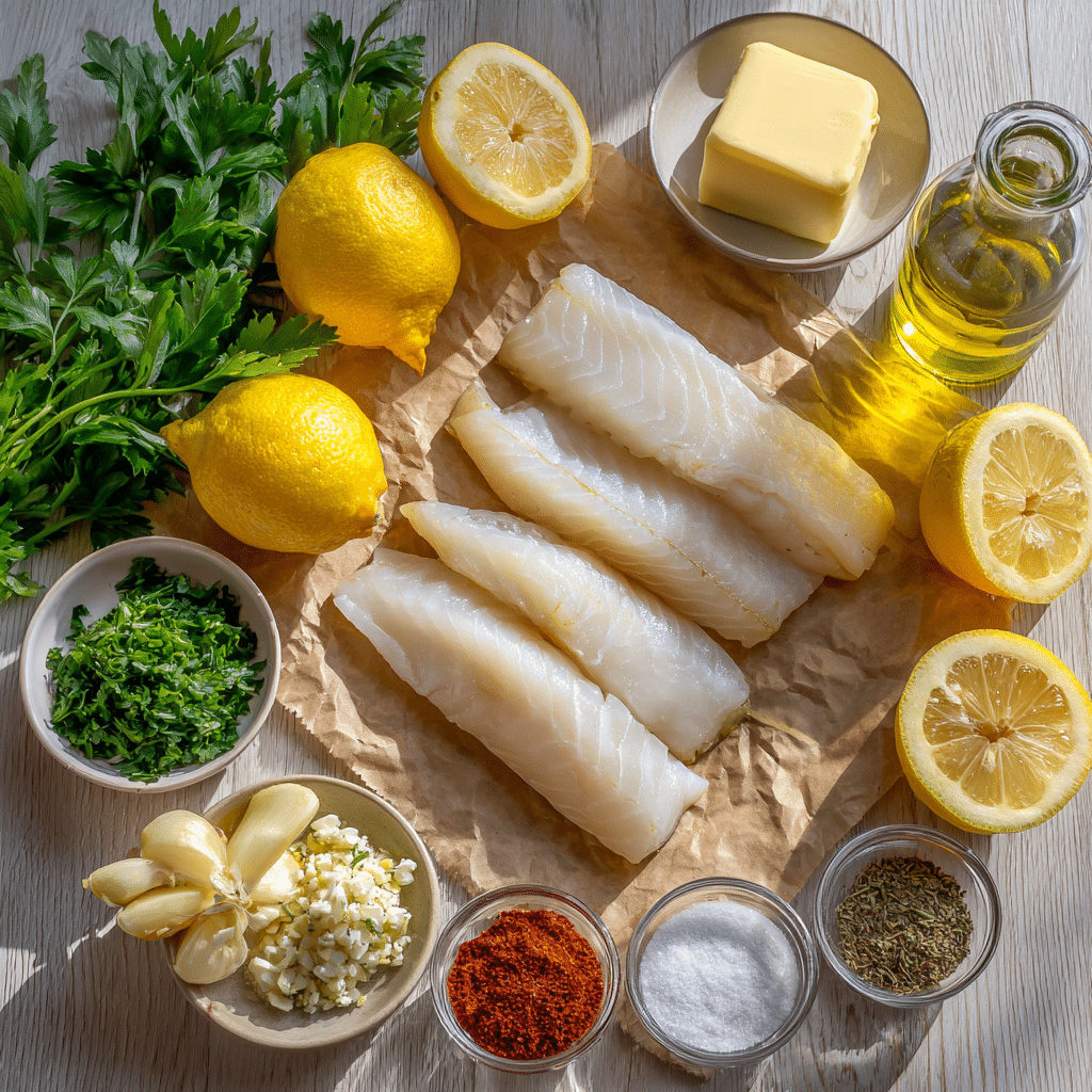 Ingredients for Zesty Lemon Butter Fish Fillet arranged on a countertop