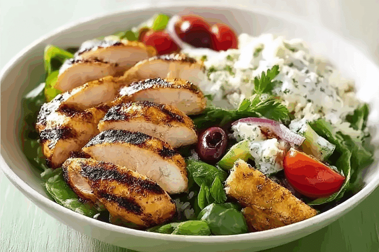 Grilled Chicken with Rice, Salad, and Creamy Yogurt Sauce