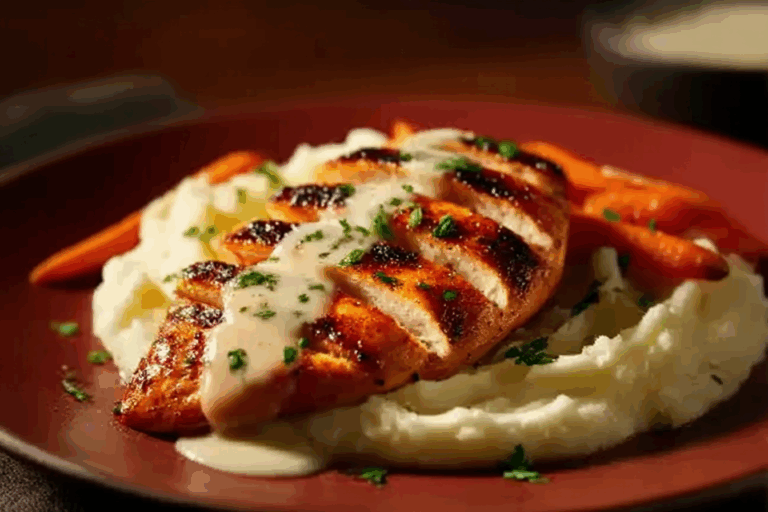 Grilled Chicken with Creamy Sauce, Mashed Potatoes & Roasted Carrots