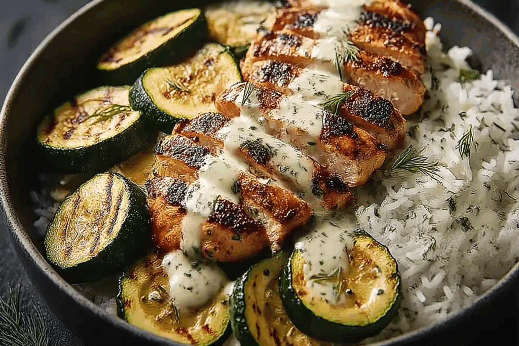 Creamy Herb Chicken Bowl with Grilled Zucchini & Garlic Rice