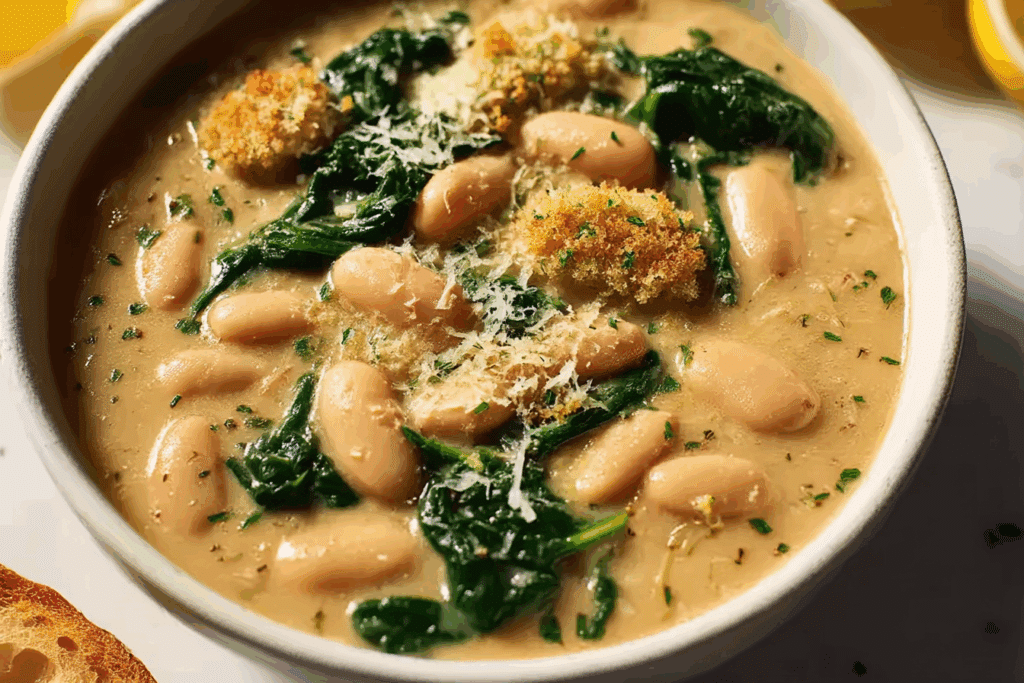 Creamy Cannellini Bean & Spinach Soup with Lemon-Garlic Breadcrumbs