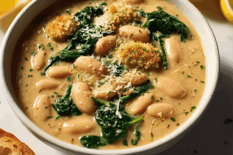 Creamy Cannellini Bean & Spinach Soup with Lemon-Garlic Breadcrumbs