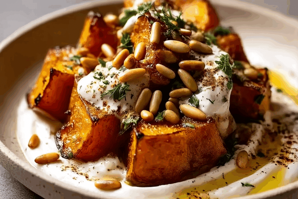 Savory Roasted Pumpkin with Creamy Lemon Yogurt and Crunchy Pine Nuts