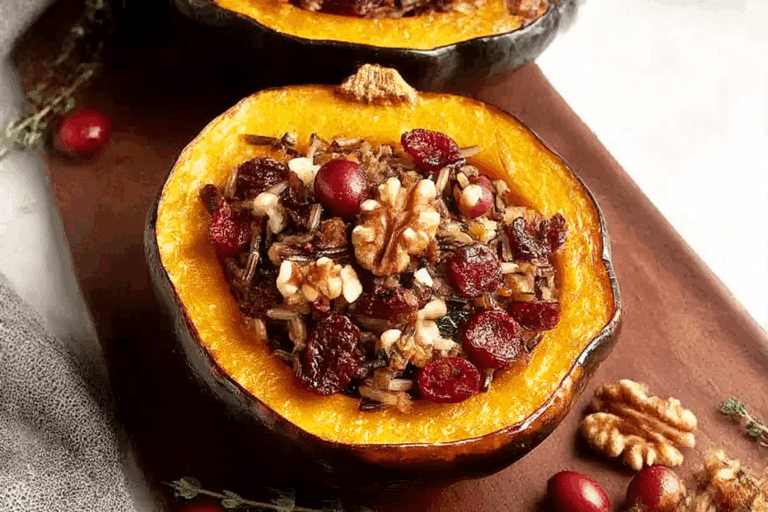Stuffed Acorn Squash with Wild Rice, Cranberries & Feta