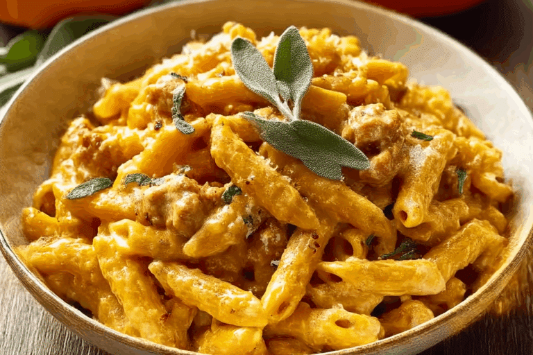 Pumpkin Pasta with Sausage is tossed in a creamy, light sauce