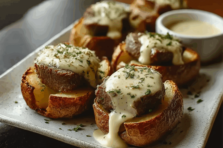 Steak-Stuffed Baked Potatoes with Parmesan Cream Sauce