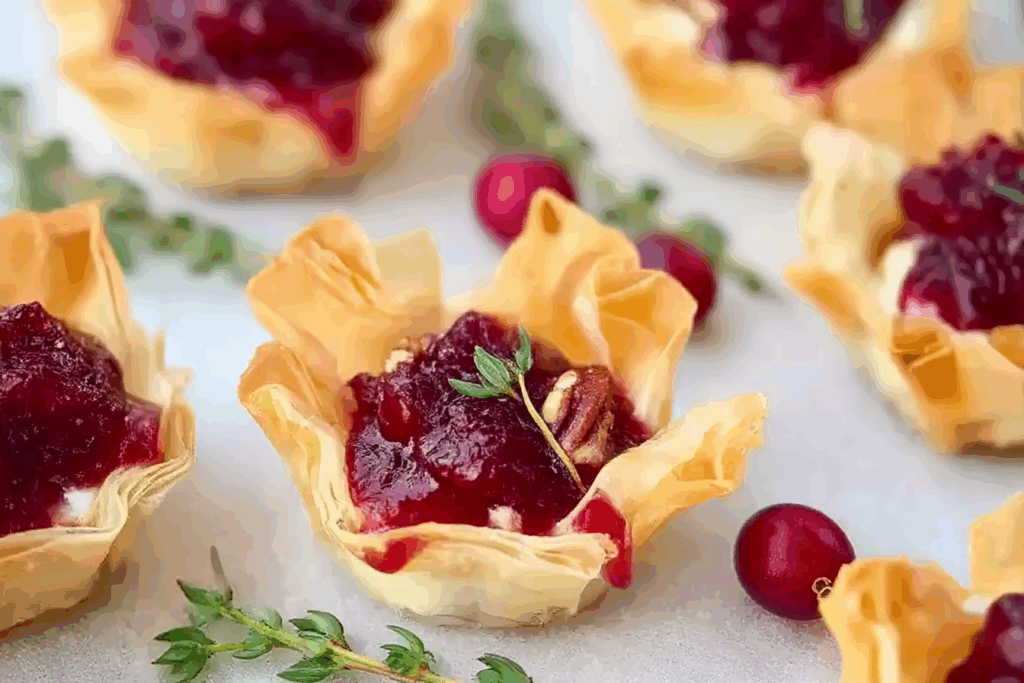 Mini Phyllo Cups with Brie, Pecans & Cranberry Drizzle