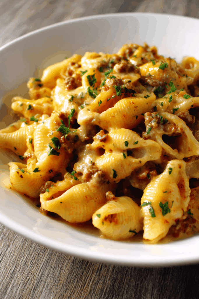 Crockpot Cheesy Ranch Beef Pasta Shells
