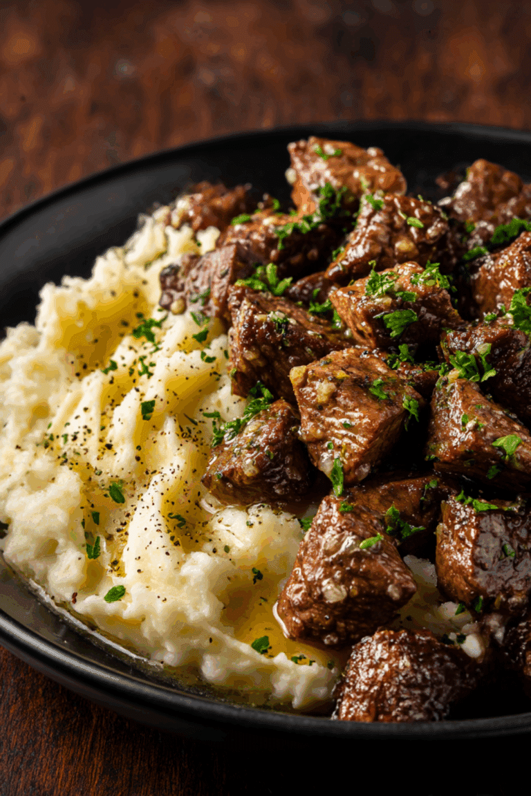 Garlic Butter Beef Bites with Creamy Mashed Potatoes