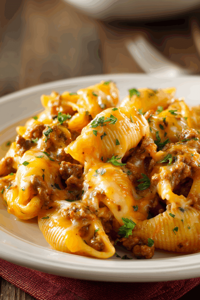 Crockpot Cheesy Ranch Beef Pasta Shells