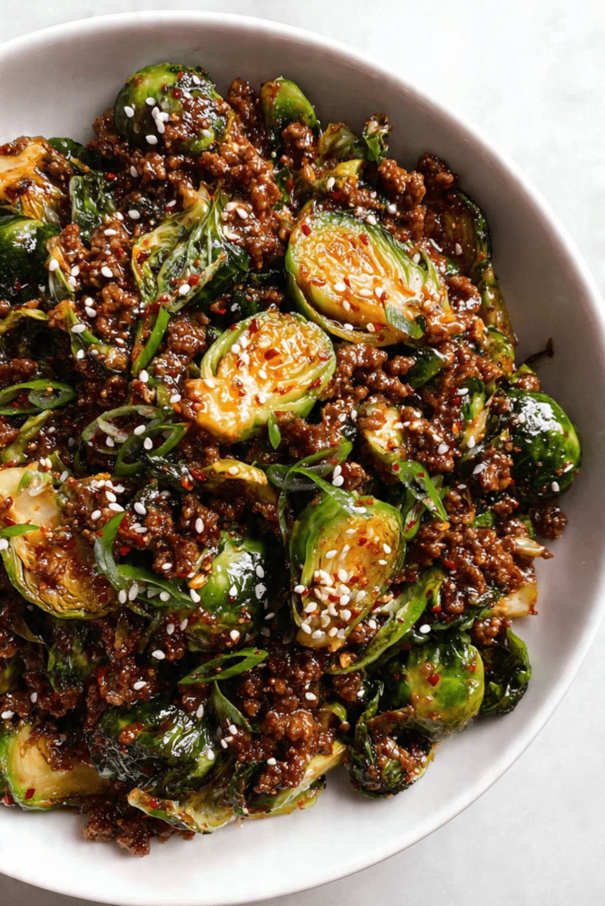 Sweet Chili Ground Beef and Brussels Sprouts