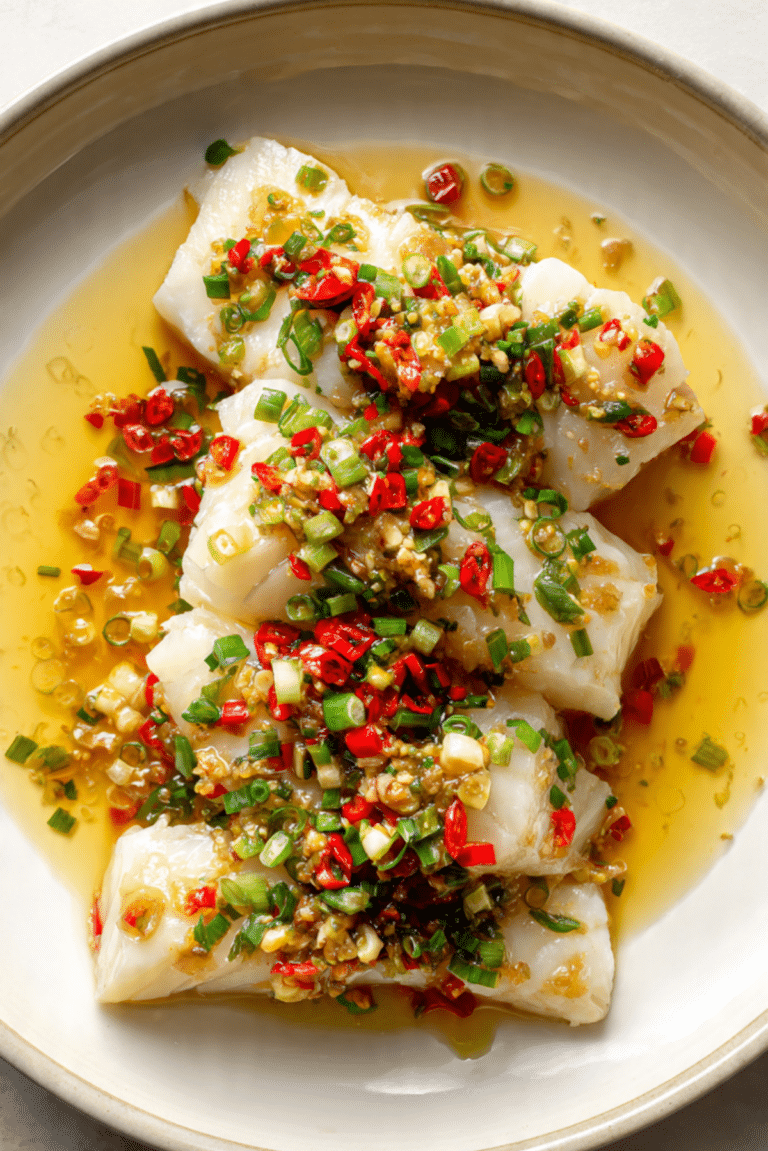 Chinese Steamed Cod Fish with Ginger Scallion Sauce