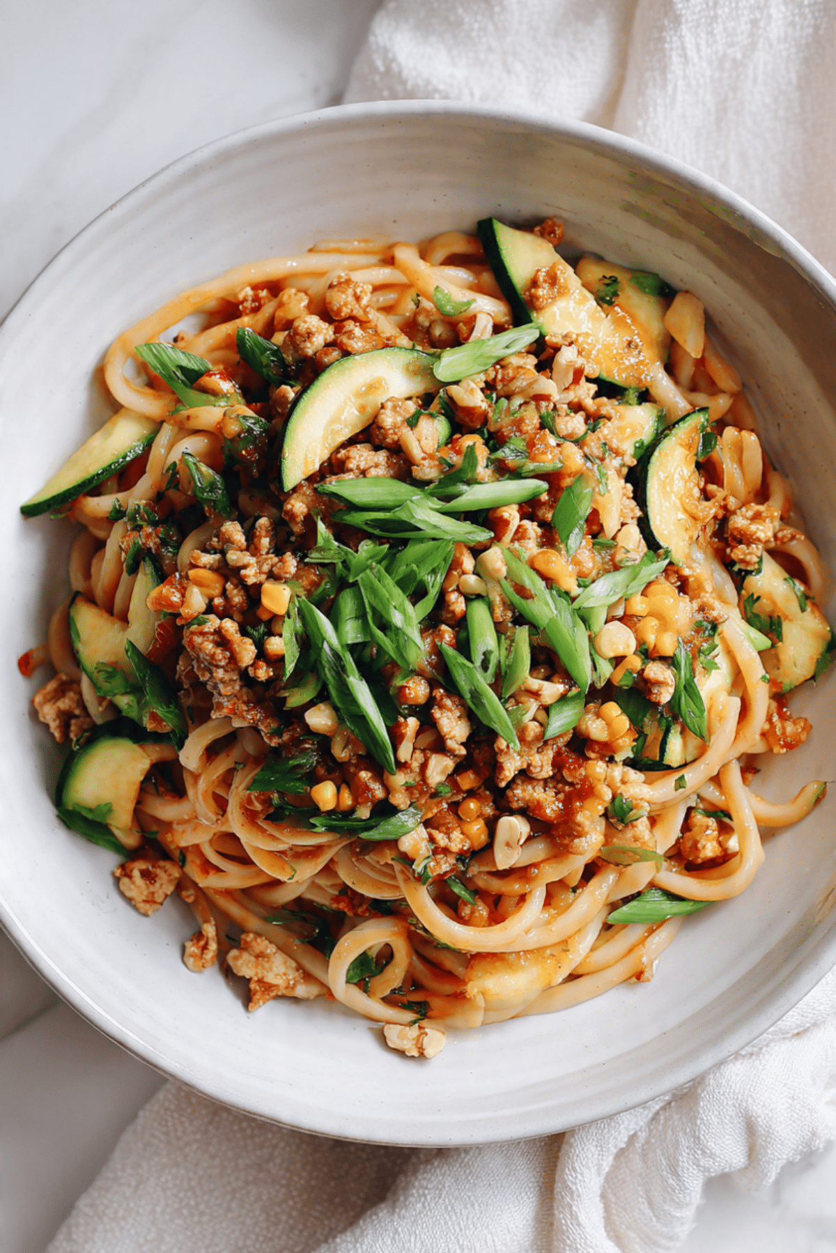 Pasta with Ground Chicken and Summer Vegetables