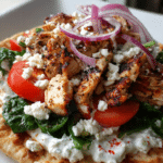 Grilled Chicken Gyros with Sun-Dried Tomato Pita Bread and Whipped Feta Spread
