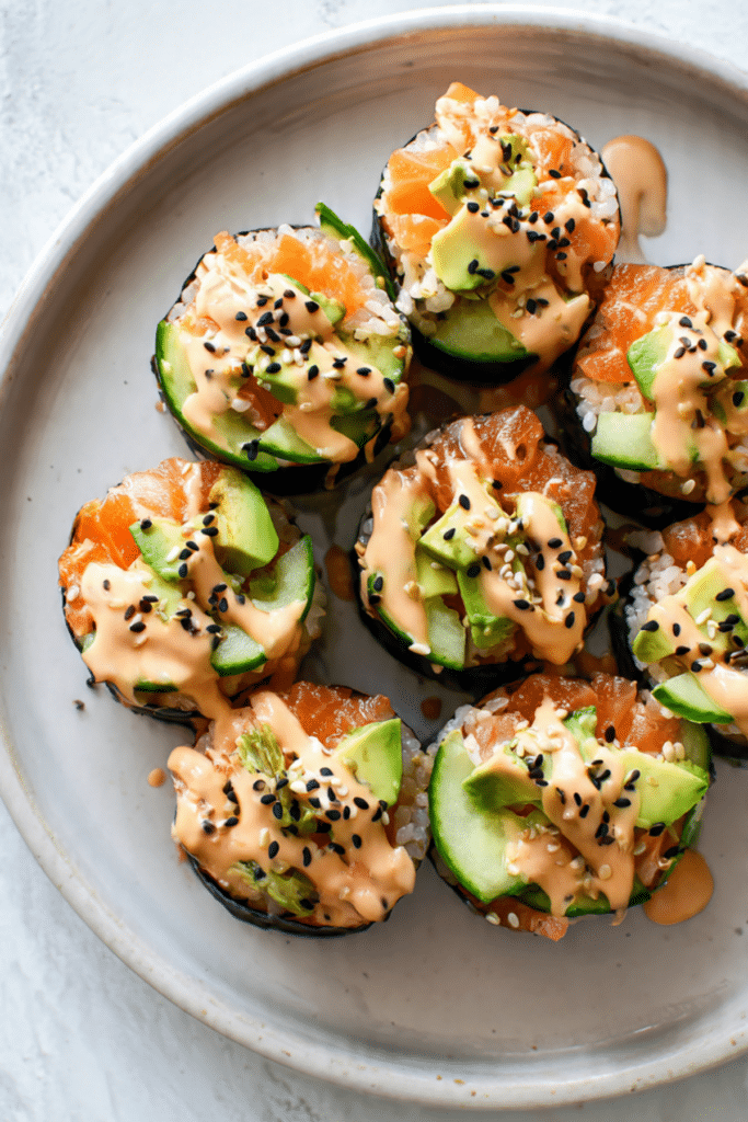 Spicy Salmon Sticky Rice Roll Ups