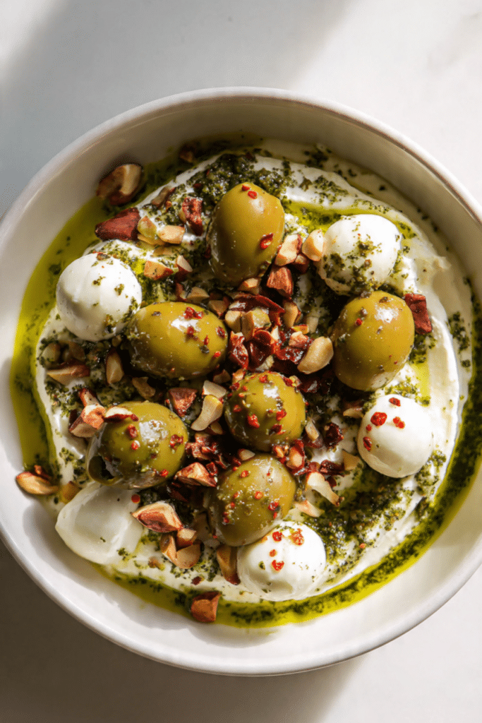 Olives and Mozzarella over Whipped Pesto Ricotta