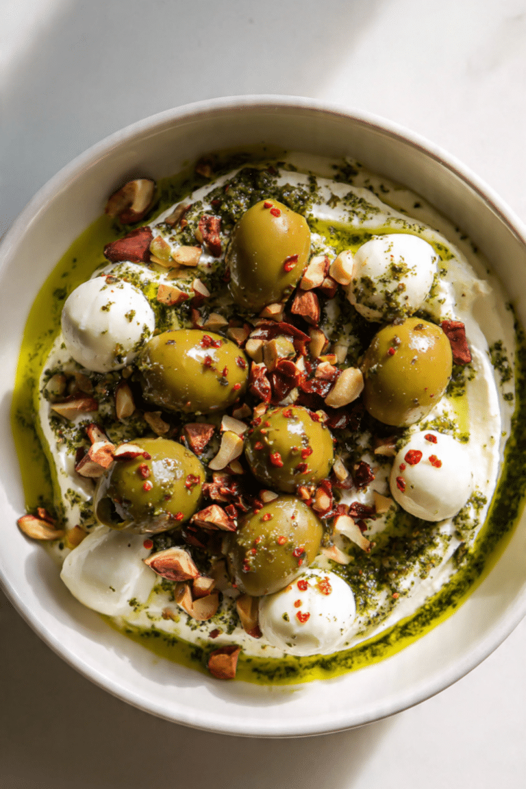 Olives and Mozzarella over Whipped Pesto Ricotta