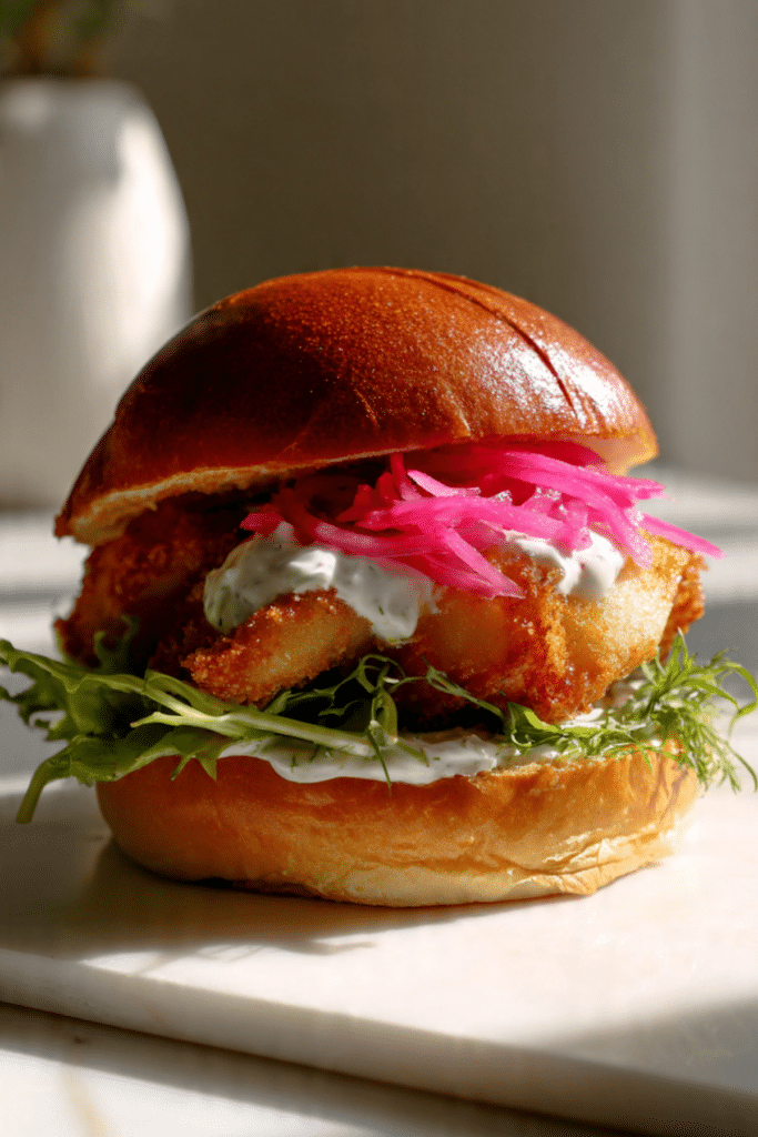 Bronzed Fish Sandwich with Homemade Tartar Sauce and Pickled Onions on a Toasted Brioche Bun