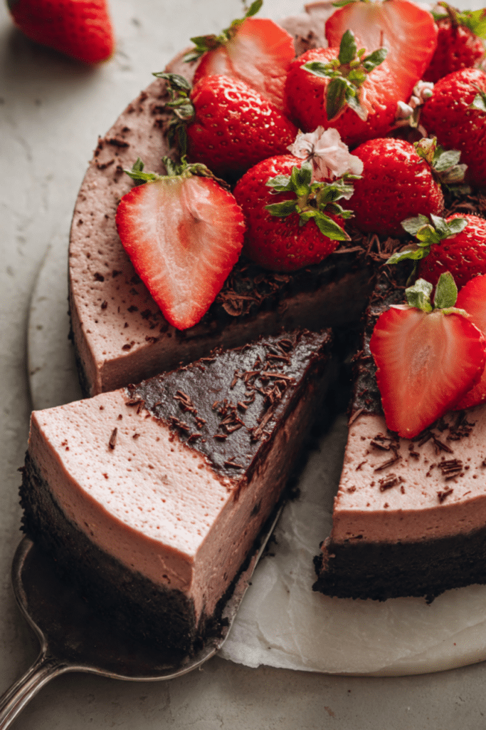 Fudgy High-Protein Dark Chocolate Strawberry Cheesecake