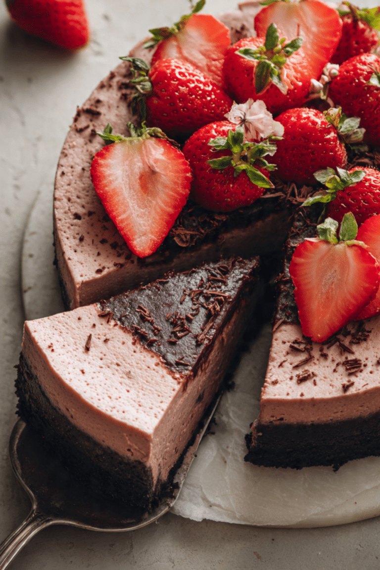 Fudgy High-Protein Dark Chocolate Strawberry Cheesecake
