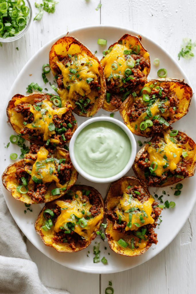 Cheeseburger Fried Potato Skins with Basil Aioli