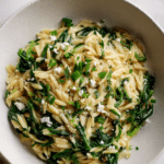 one pot orzo pasta with greens, herbs, lemon and feta
