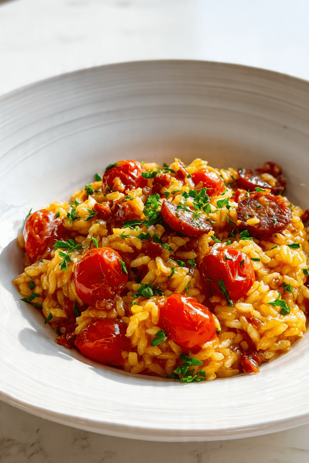 'Nduja Risotto with Chorizo and Cherry Tomatoes