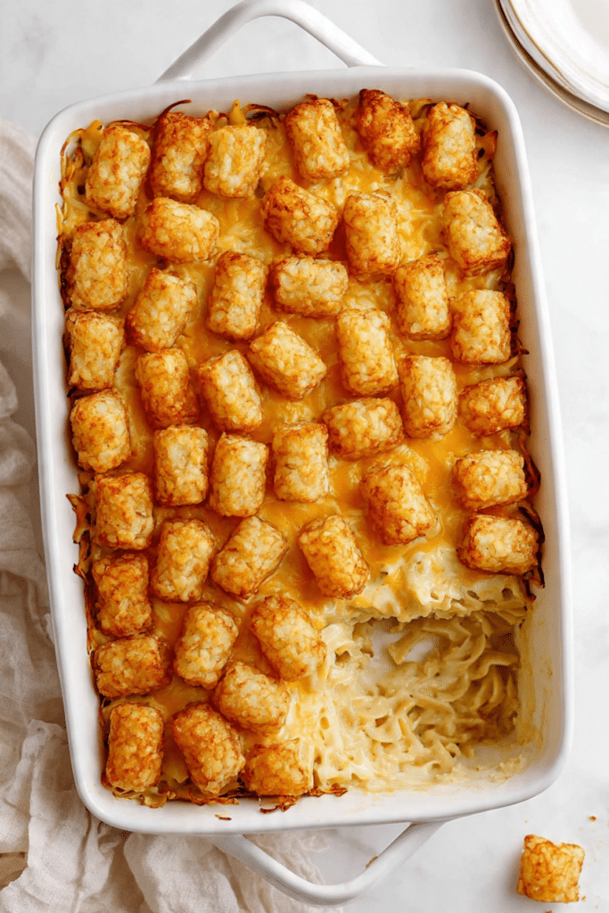 Cheesy Ground Chicken Noodle Casserole with Tater Tot Crust