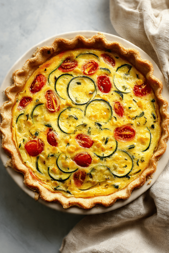 Corn and Zucchini Cheddar and Tomato Quiche