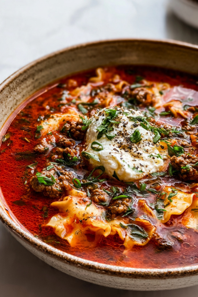Gochujang Lasagna Soup with Scallion Ricotta
