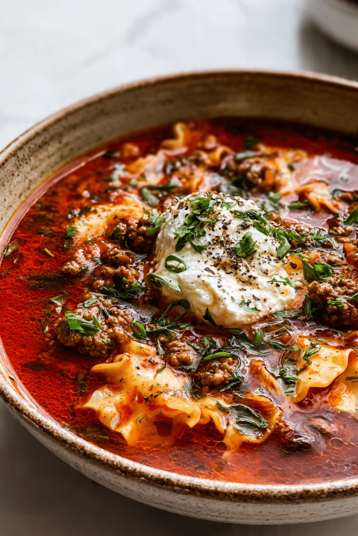 Gochujang Lasagna Soup with Scallion Ricotta
